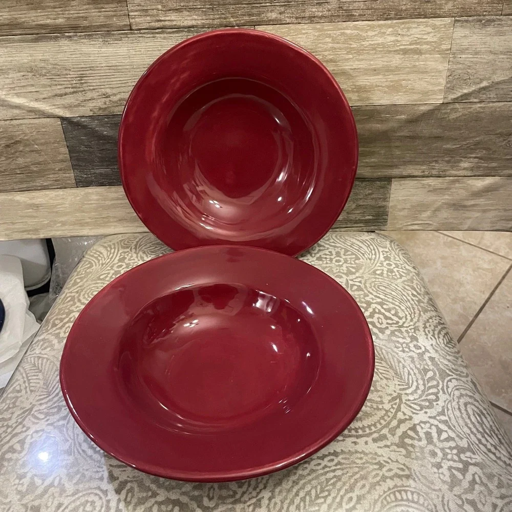 Pottery Barn Sausalito Red Pasta Bowls Set of 2 Stoneware Wide Rim 10